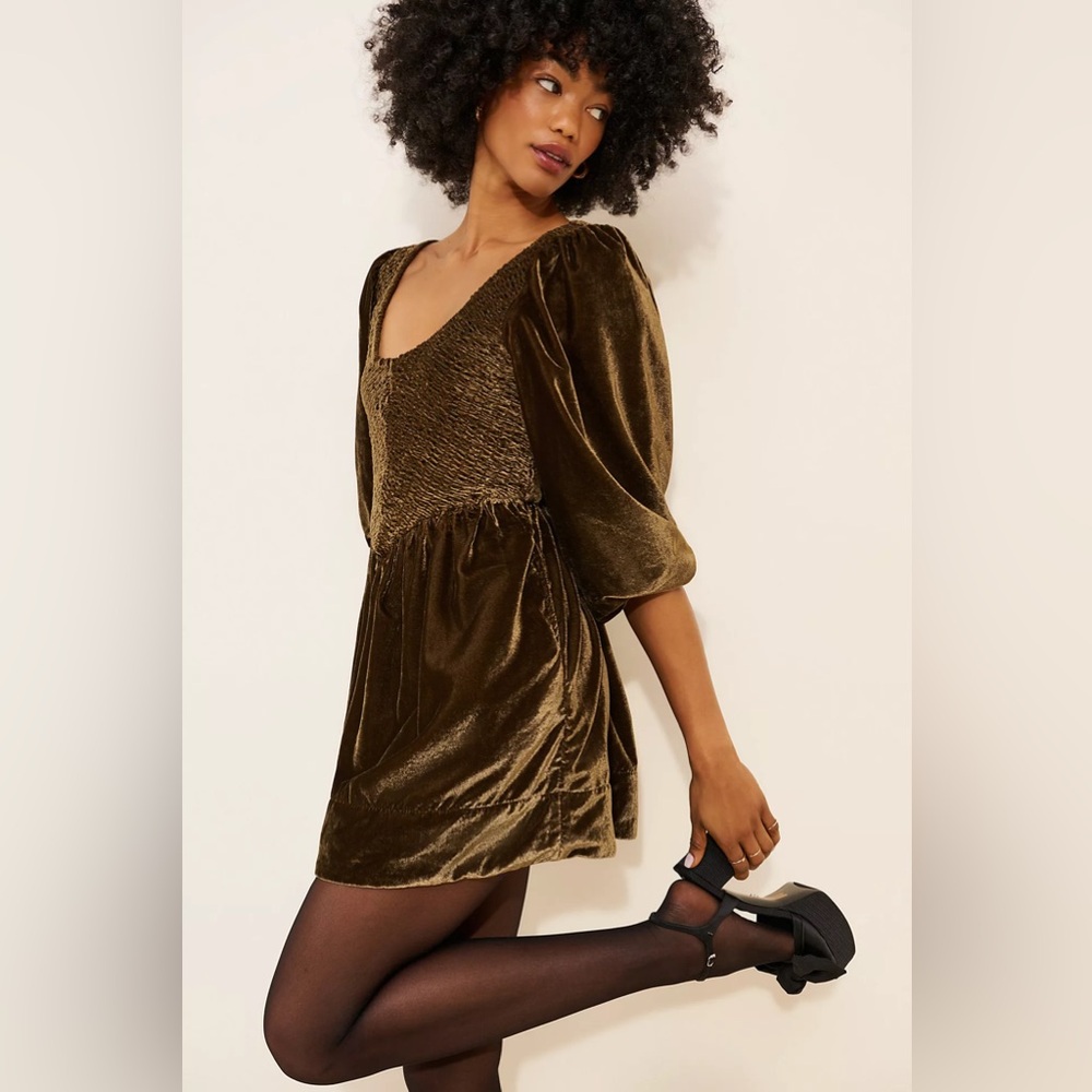 Free People Green Brown Farrier Smocked Velvet Long Sleeve Mini Dress Pockets